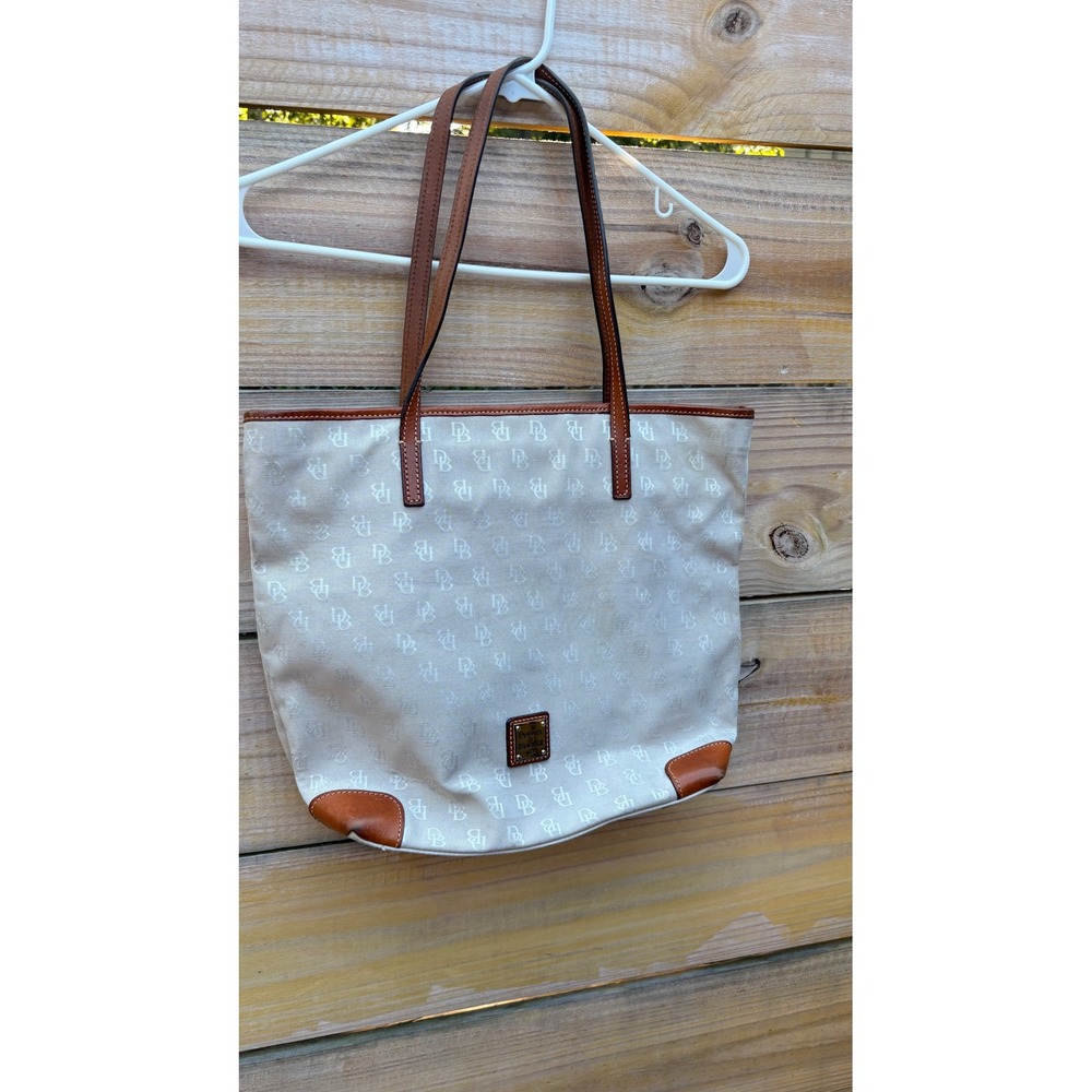 Dooney & Bourke Monogram Canvas Tote Bag Cream Tan Leather Trim Logo Plate